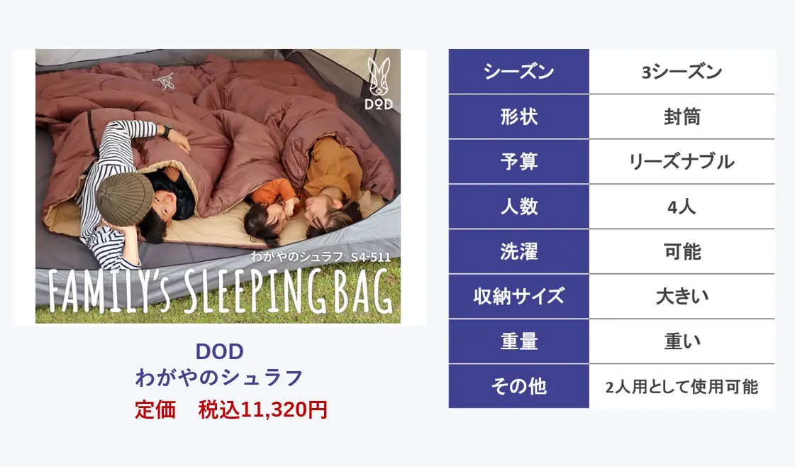 DOD(ディーオーディー) わがやのシュラフ 40秒で片付け可能な